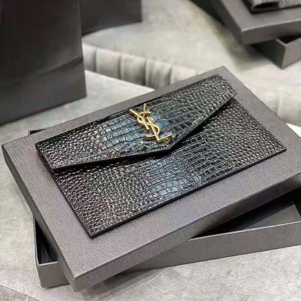Saint Laurent YSL Women Uptown Pouch in Crocodile Embossed Shiny Leather-Black - image 4