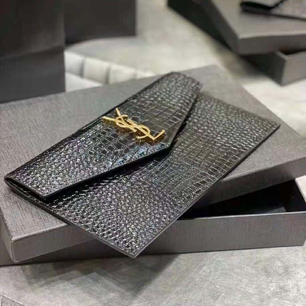 Saint Laurent YSL Women Uptown Pouch in Crocodile Embossed Shiny Leather-Black - image 6