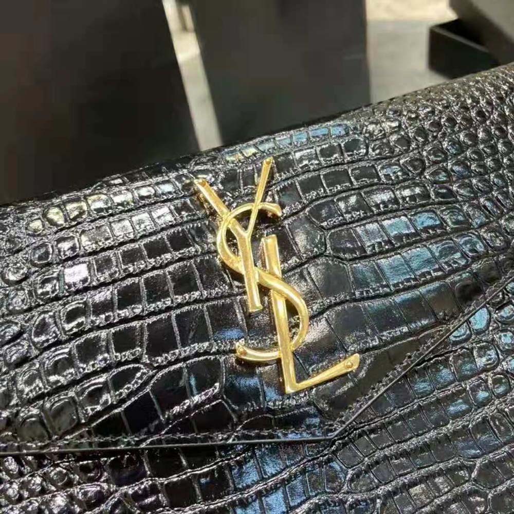 Saint Laurent YSL Women Uptown Pouch in Crocodile Embossed Shiny Leather-Black - image 8