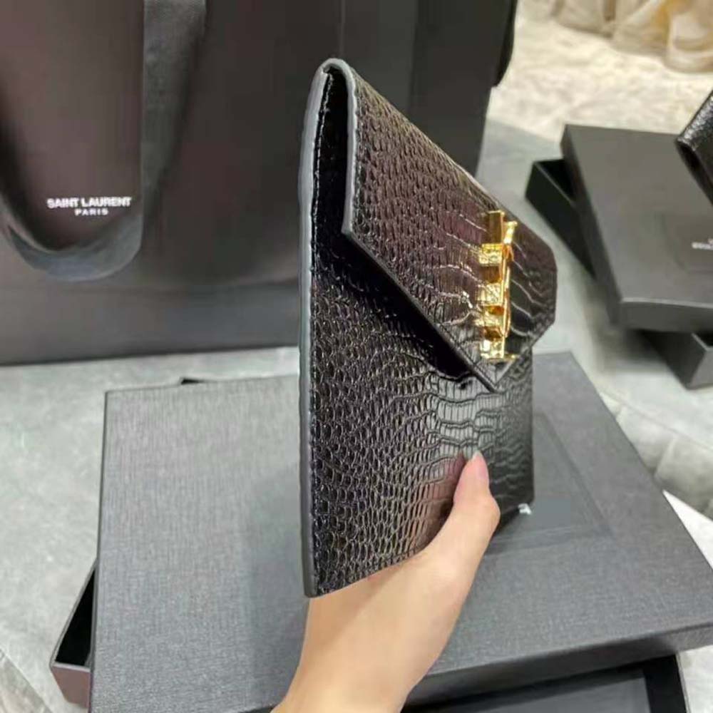Saint Laurent YSL Women Uptown Pouch in Crocodile Embossed Shiny Leather-Black - image 7