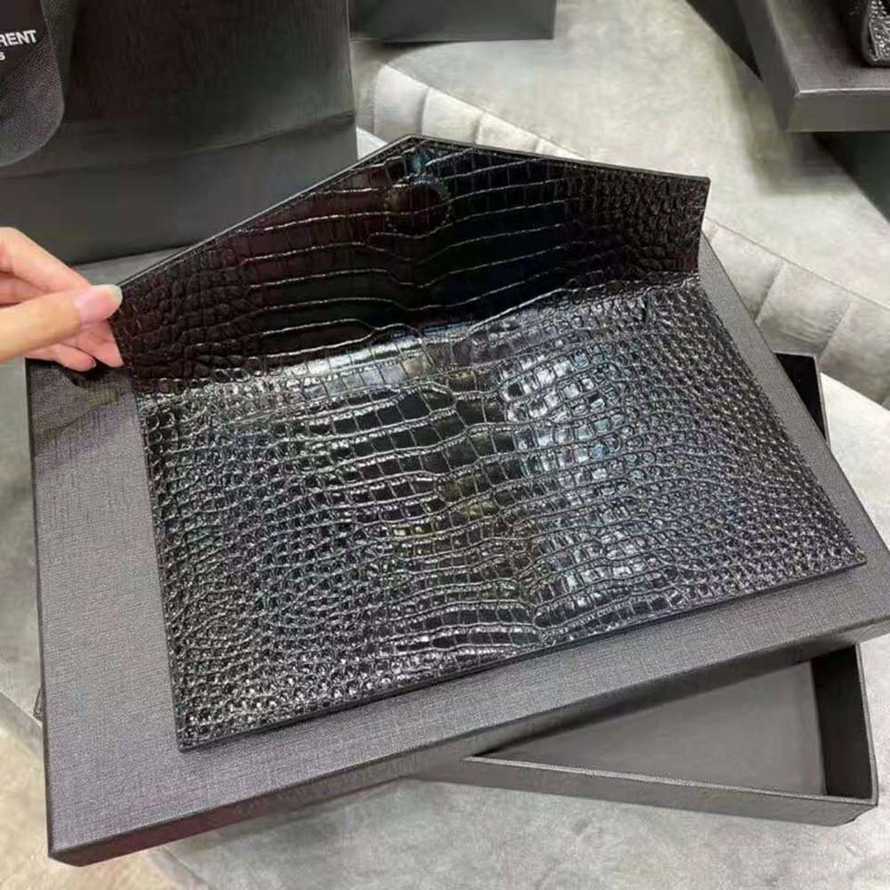 Saint Laurent YSL Women Uptown Pouch in Crocodile Embossed Shiny Leather-Black - image 5