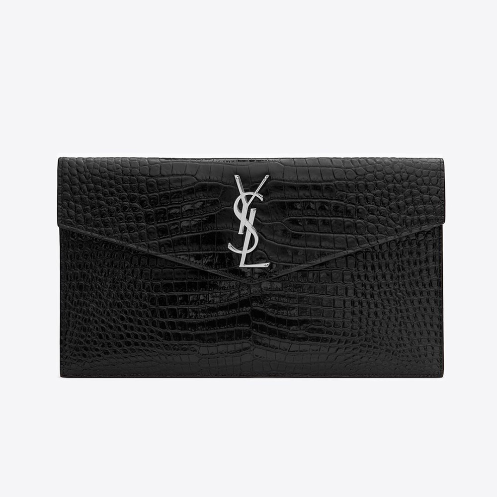 Front view of Saint Laurent YSL Women Uptown Pouch silver leather
