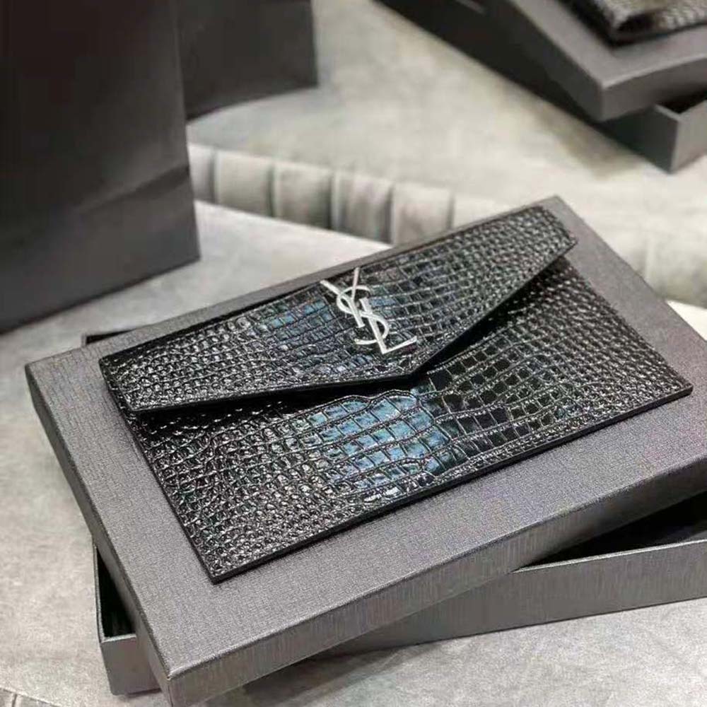 Saint Laurent YSL Women Uptown Pouch in Crocodile Embossed Shiny Leather-Silver - image 5