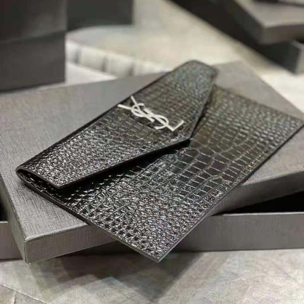 Saint Laurent YSL Women Uptown Pouch in Crocodile Embossed Shiny Leather-Silver - image 4