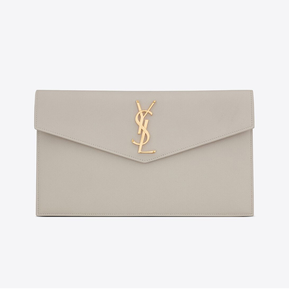Front view of Saint Laurent YSL Women Uptown Pouch white leather