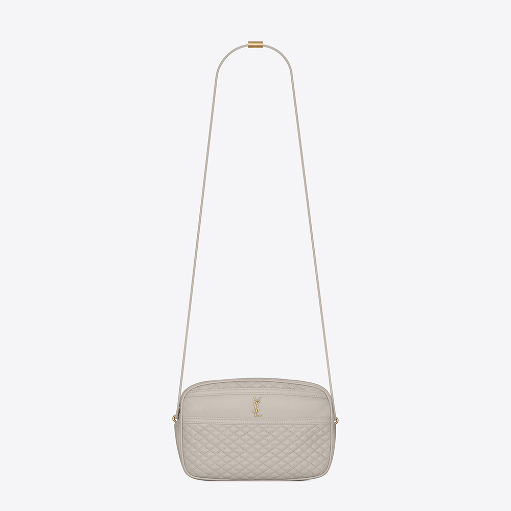Front view of Saint Laurent YSL Women Victoire Camera Bag in white lambskin