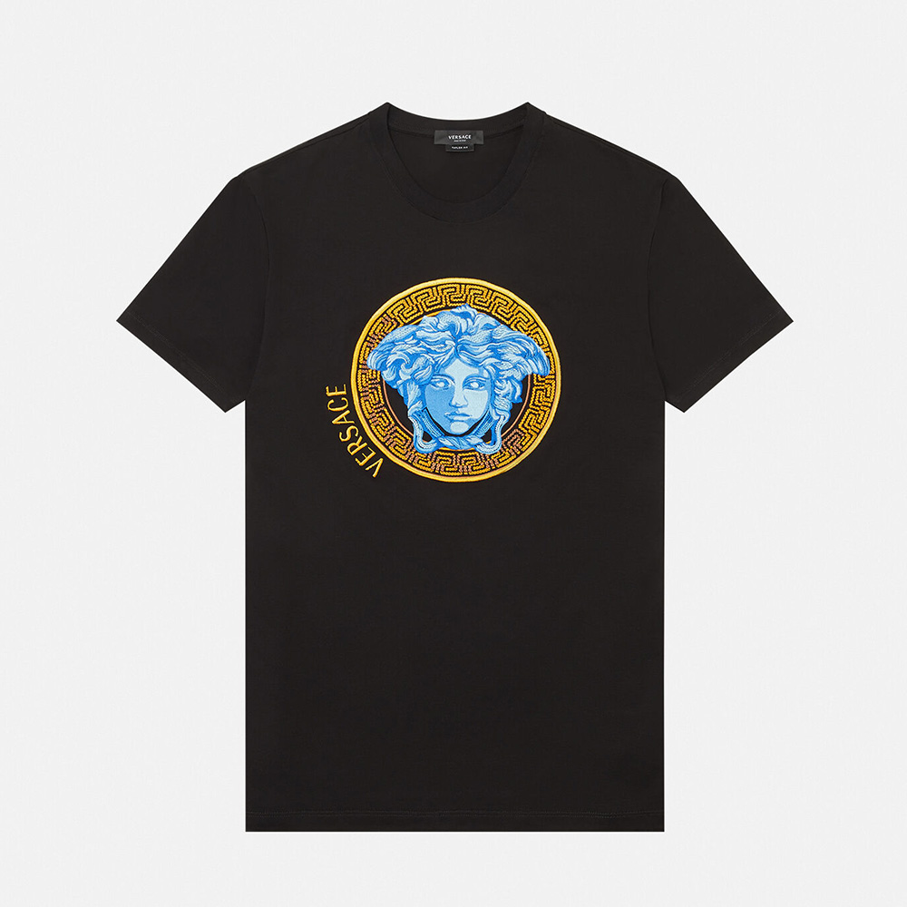 Front view of Versace Women Medusa Amplified Embroidered T-shirt in black