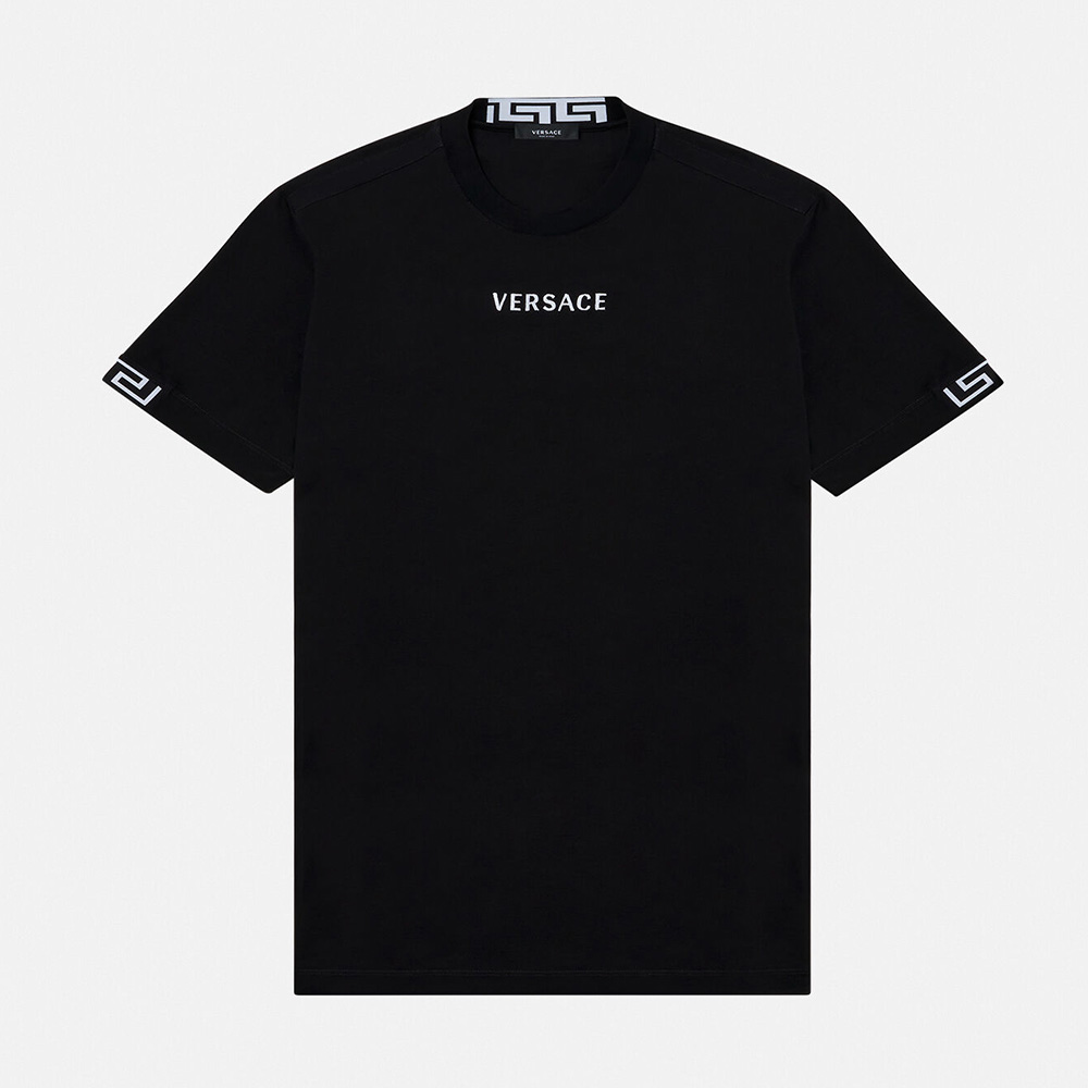 Front view of Versace Men Logo Embroidered T-shirt-Black showcasing logo
