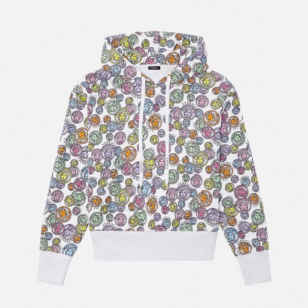 Front view of Versace Women Medusa Amplified Print Cotton Hoodie in white