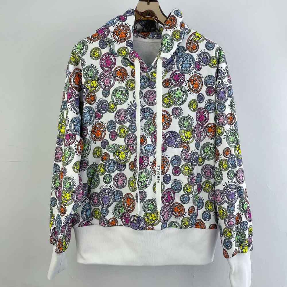 Close-up of Medusa amplified print detail on Versace cotton hoodie