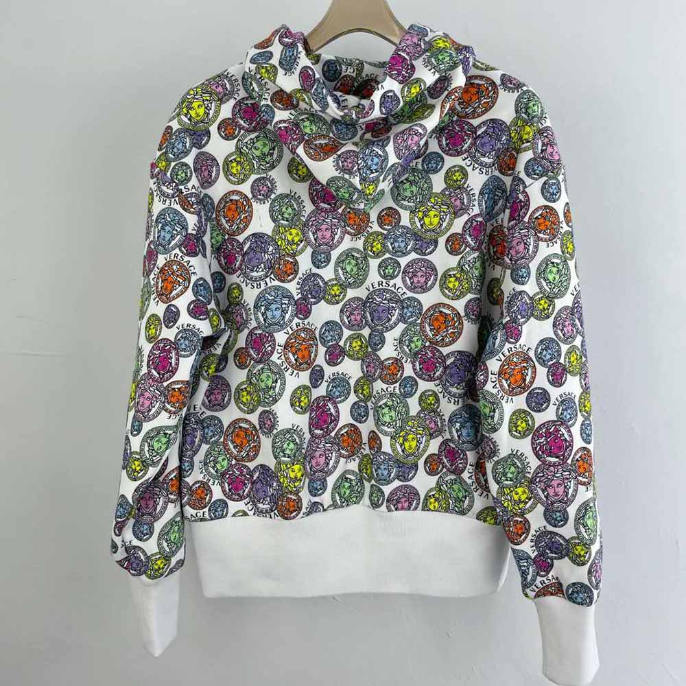 Side angle showing zipper and hood of Versace Women Medusa Hoodie