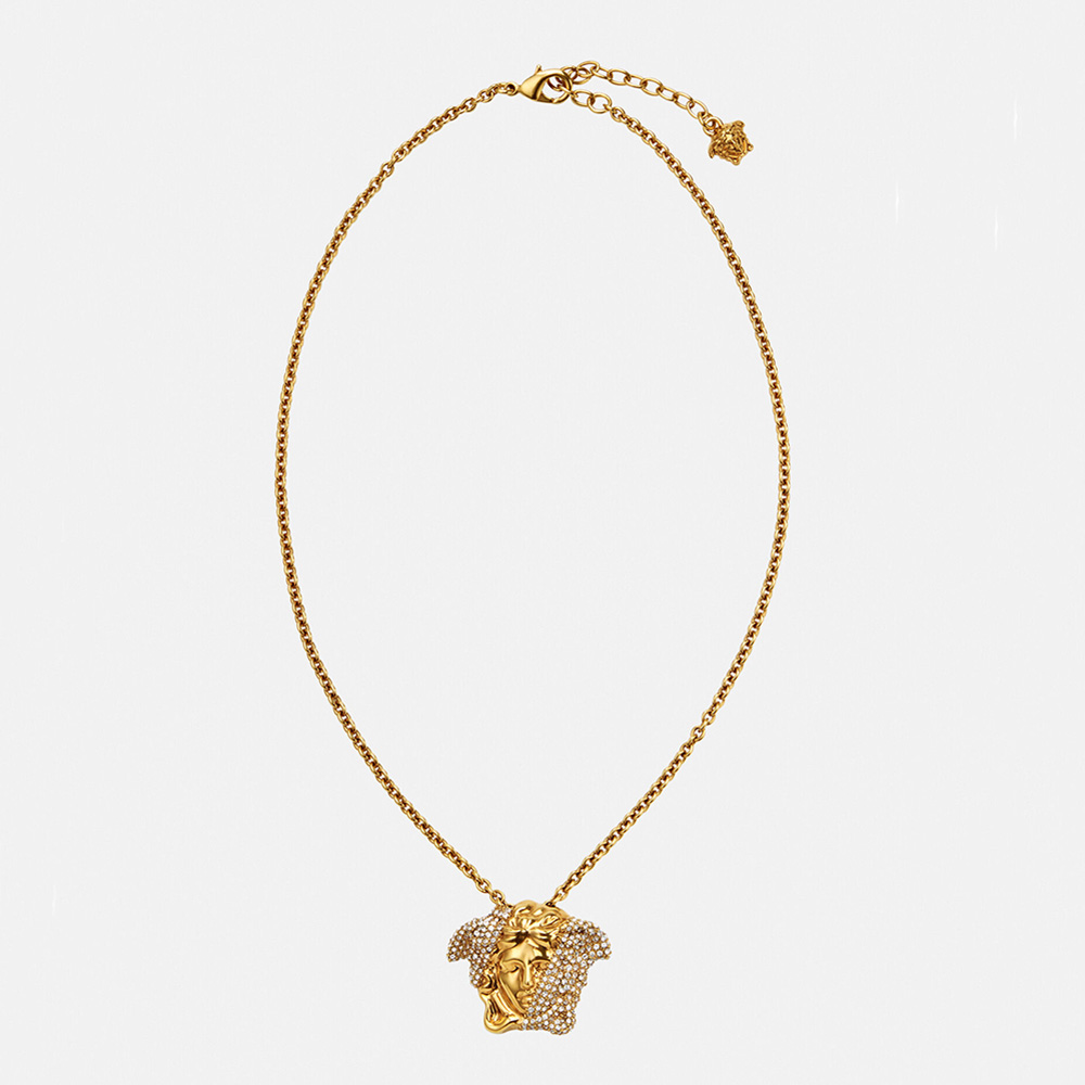 Front view of Versace Women Palazzo Dia Crystal Pendant Necklace in gold