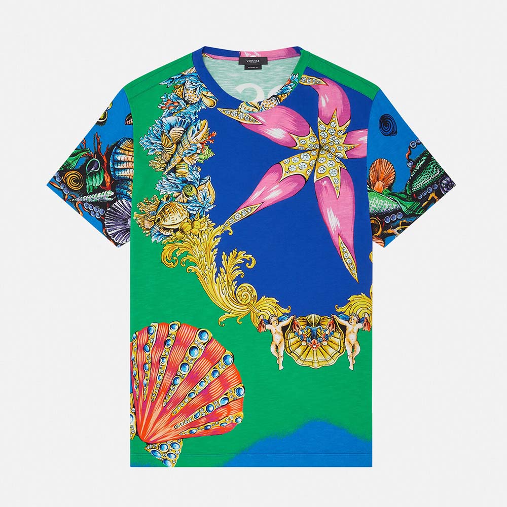 Front view of Versace Men Tresor DE LA Mer Print T-shirt in green