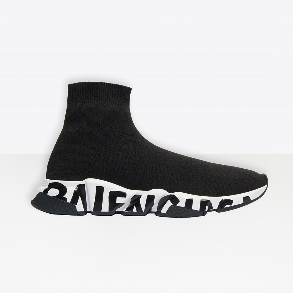 Side profile of Balenciaga Unisex Speed Sneaker black knit upper