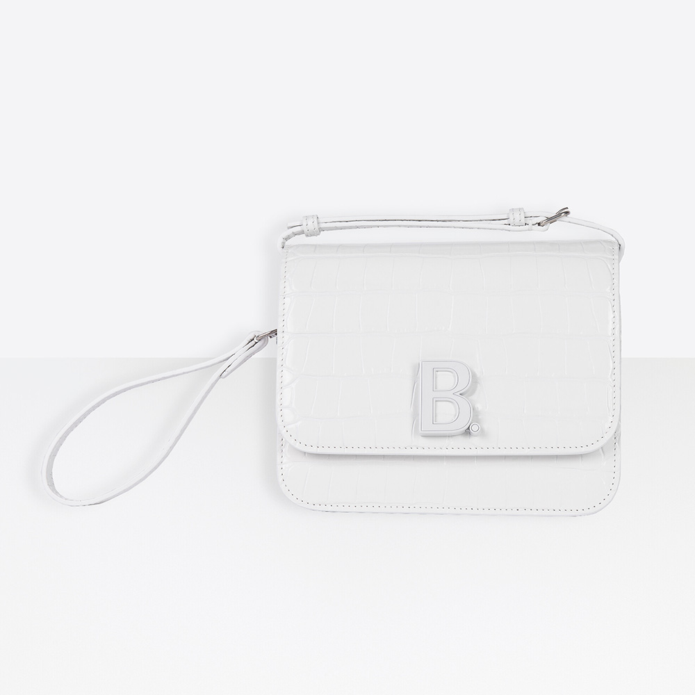 Front view of Balenciaga Women B. Small Bag in white shiny crocodile embossed calfskin