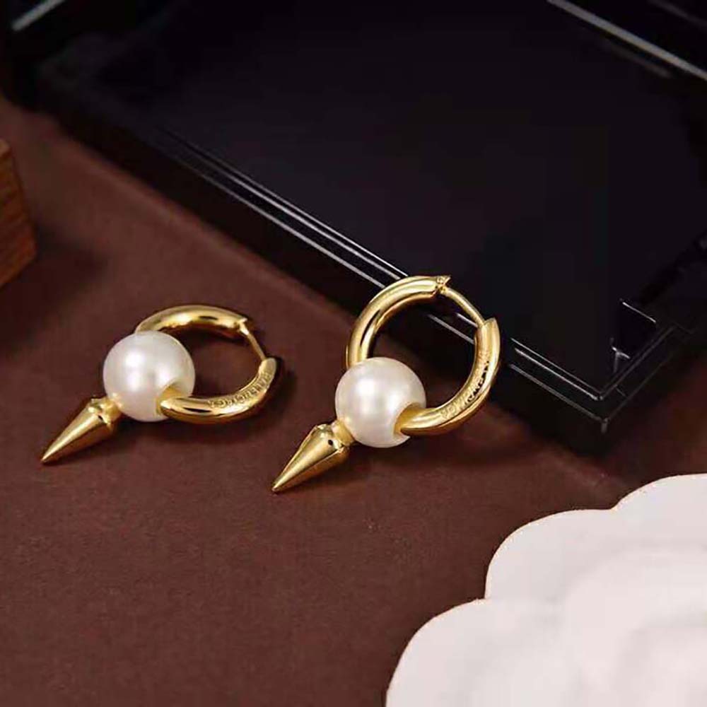 Balenciaga Women Force Spike Earrings in Gold-toned Sterling Silver and White Acrylic - image 6