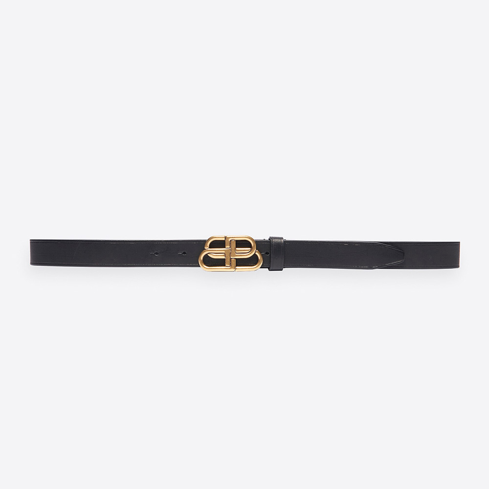 Front close-up of Balenciaga Women New BB Belt black calfskin leather