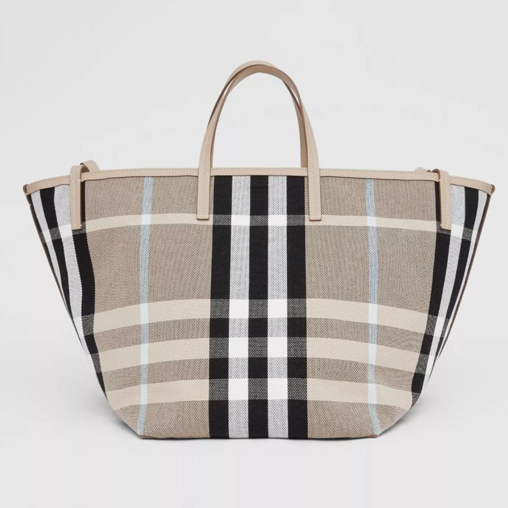 Front view of Burberry Women Medium Check Canvas Beach Tote in beige