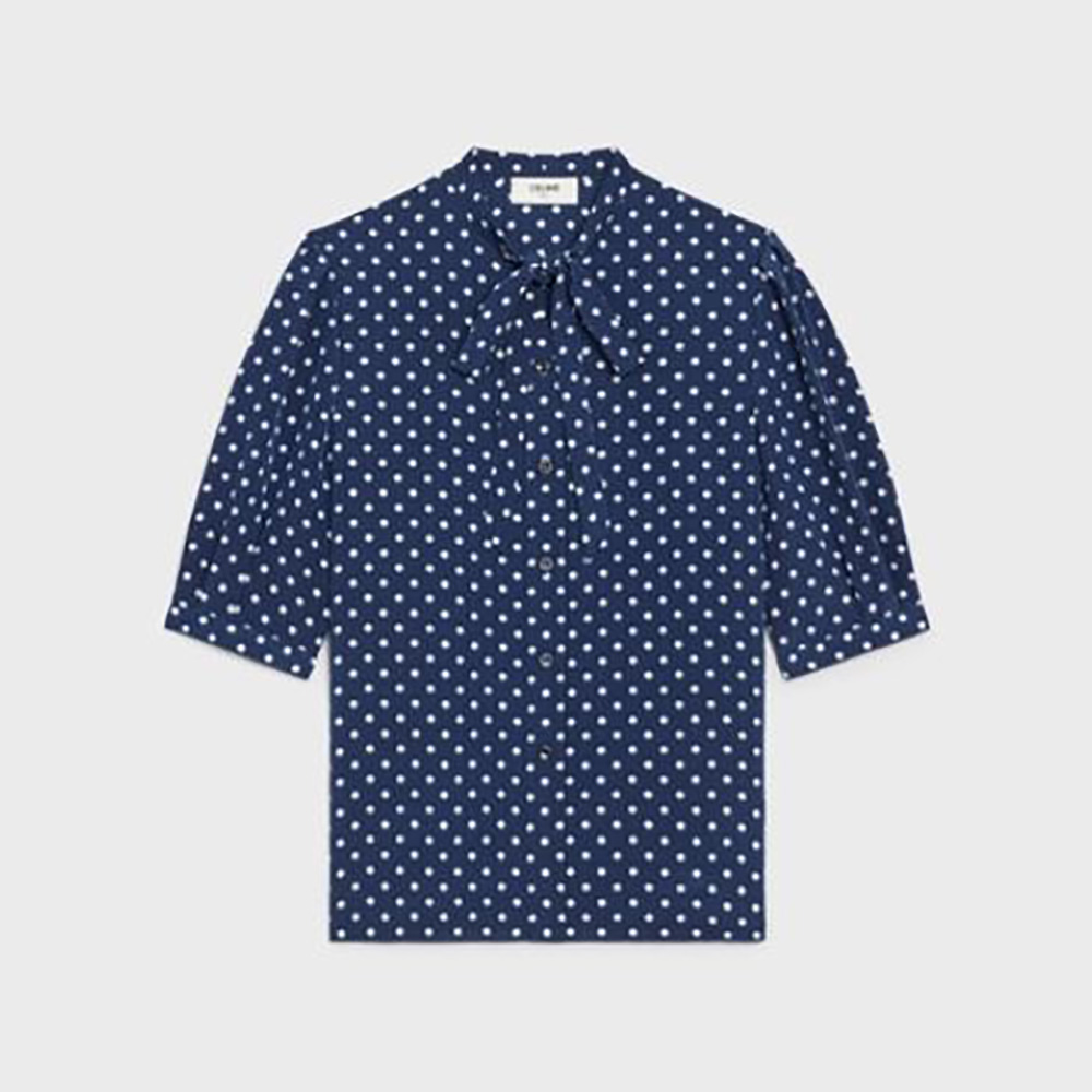 Front view of Celine Women Blouse with Bow in Crepe DE Chine blue