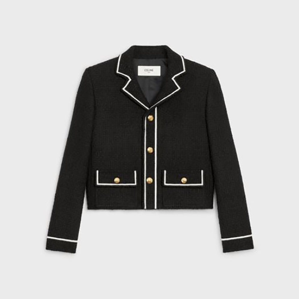 Front view of Celine Women Chasseur Jacket in Boucle Tweed-Black