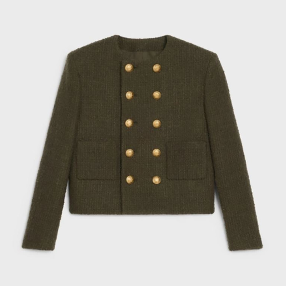 Front view of Celine Women Chasseur Jacket in Boucle Tweed-Dark Green
