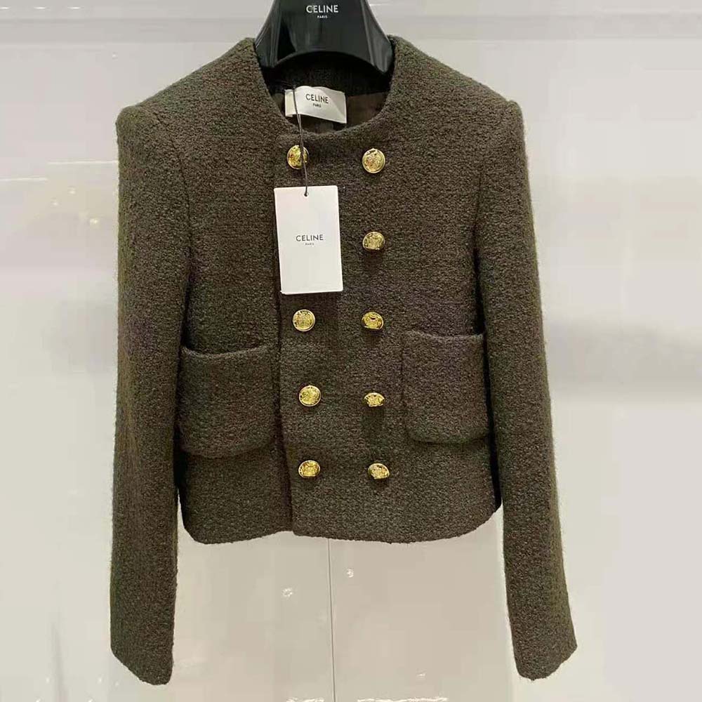 Close-up detail of boucle tweed texture on Celine Women Chasseur Jacket