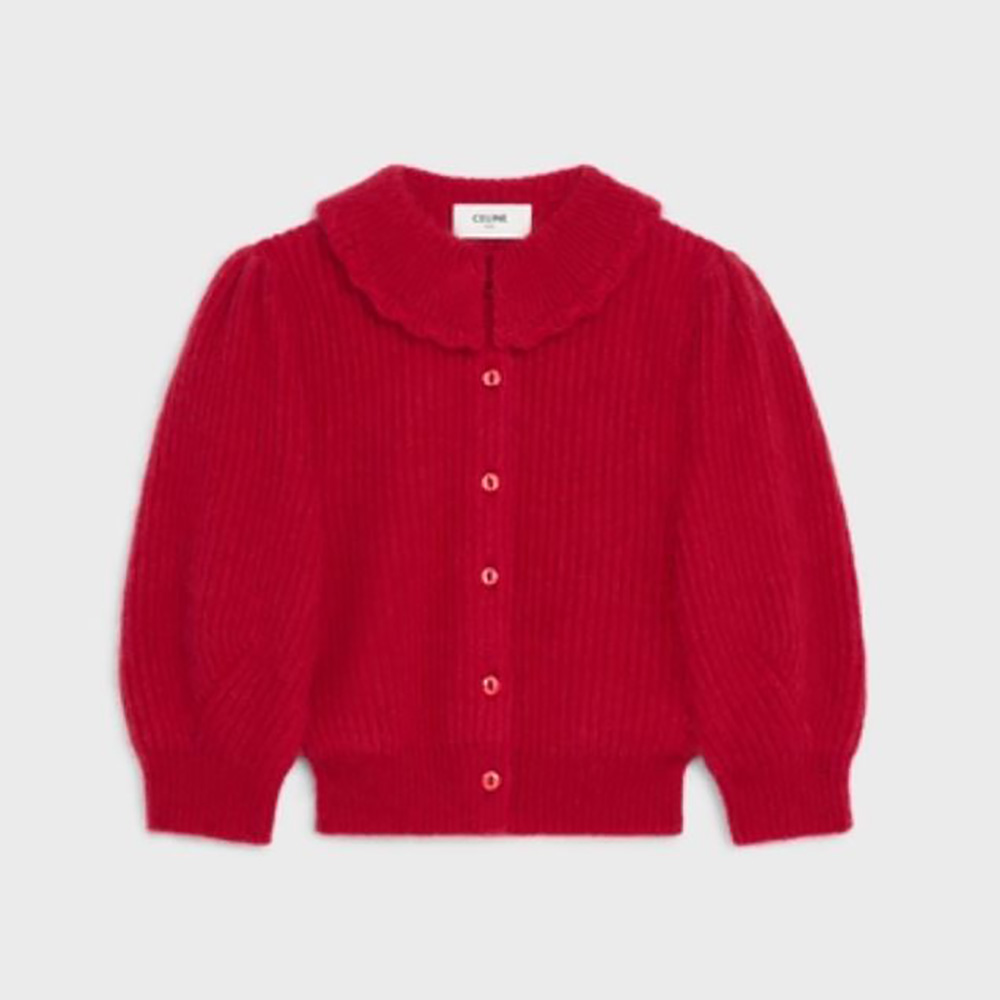 Front view of Celine Women Frilled Collar Cardigan in Silk and Mohair-Red