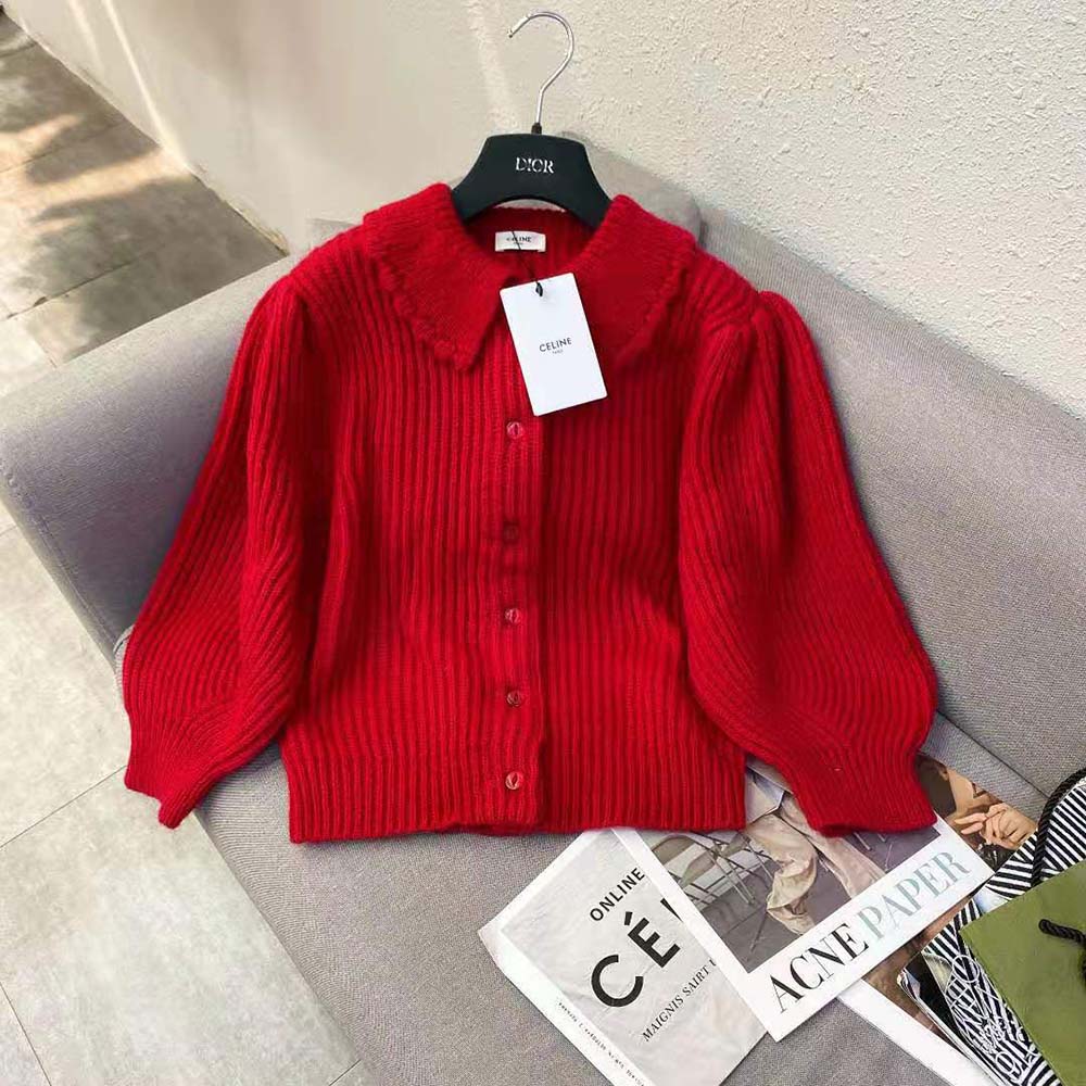 Close-up detail of frilled collar on Celine Women Frilled Collar Cardigan