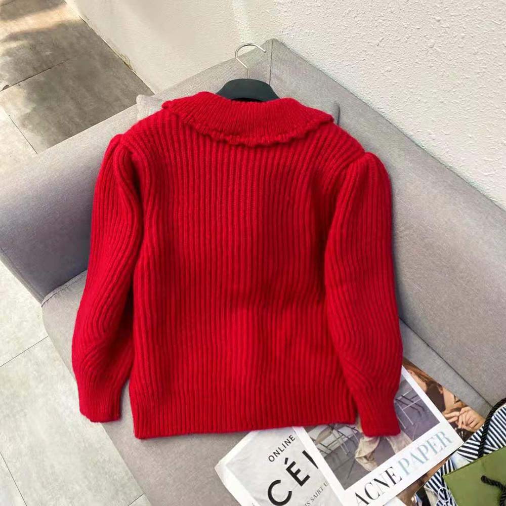 Side angle showcasing texture and buttons on Celine Women Frilled Collar Cardigan