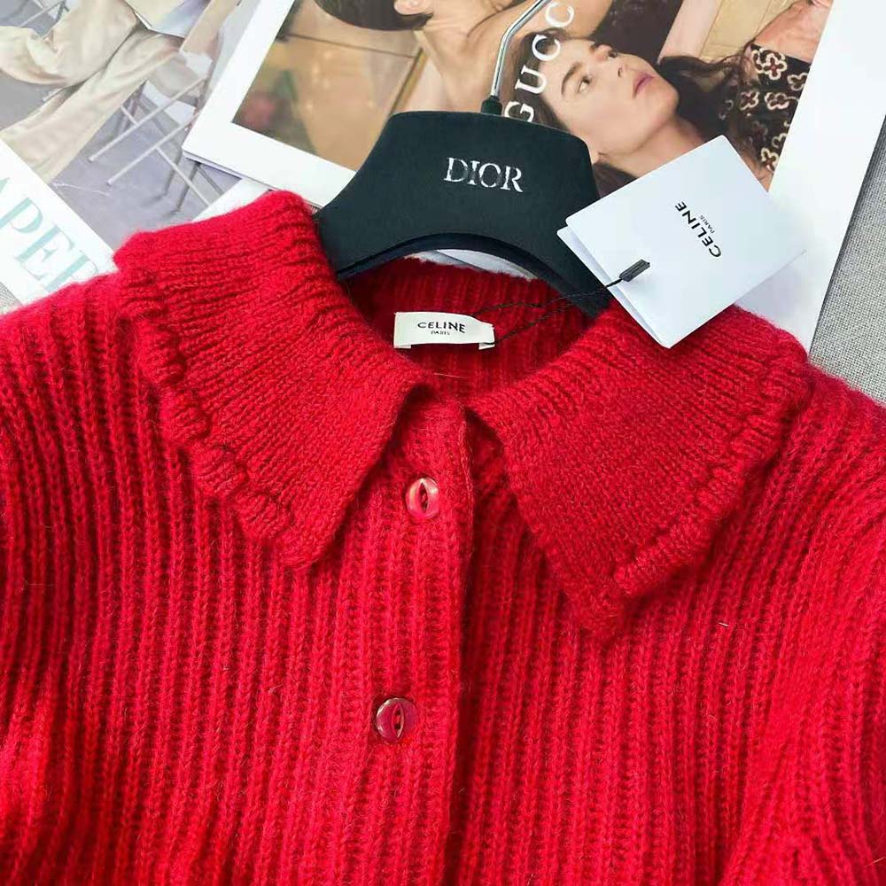 Celine Women Frilled Collar Cardigan in Silk and Mohair-Red - image 4