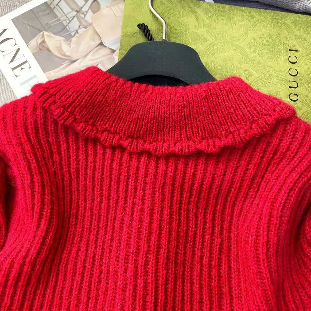 Celine Women Frilled Collar Cardigan in Silk and Mohair-Red - image 5