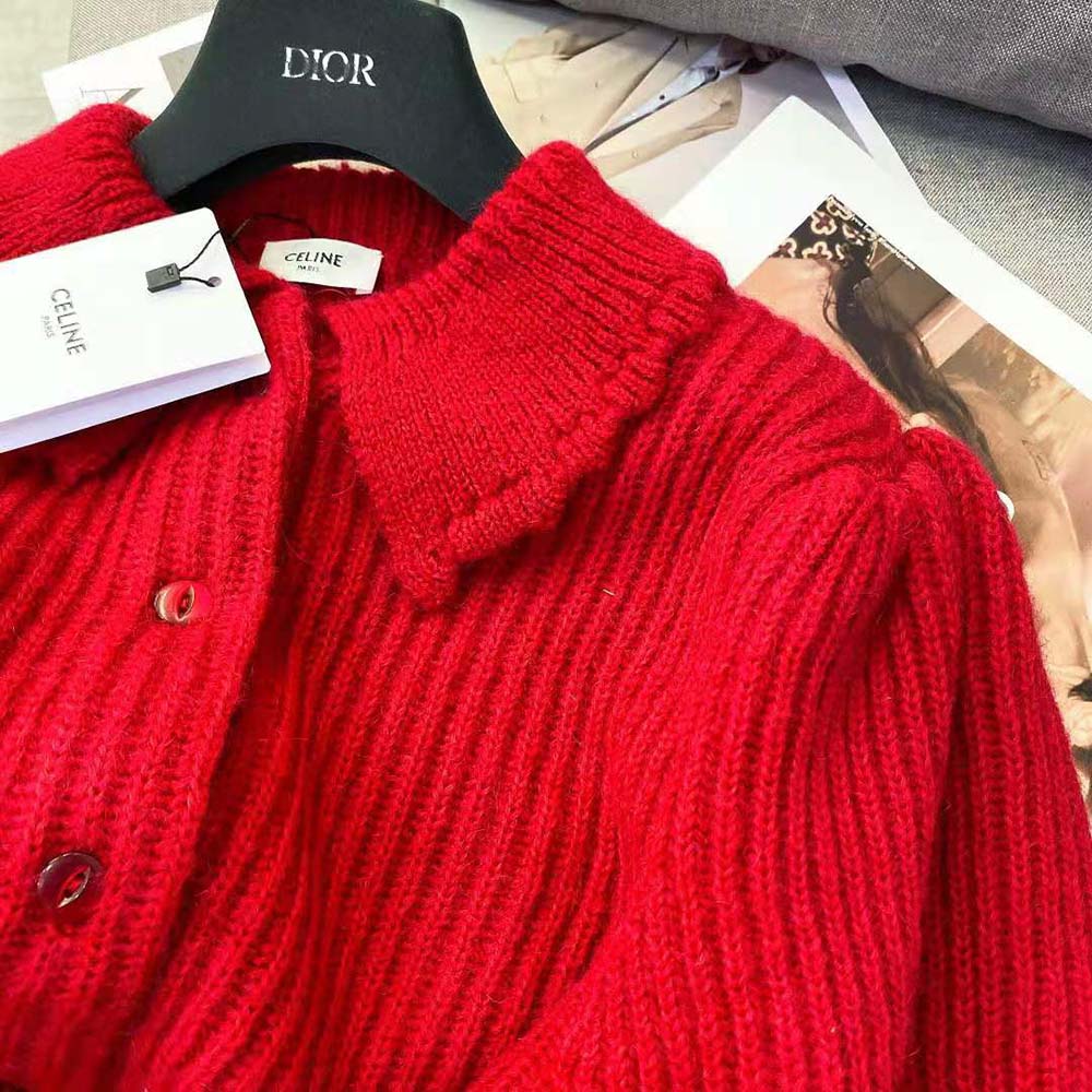 Celine Women Frilled Collar Cardigan in Silk and Mohair-Red - image 6