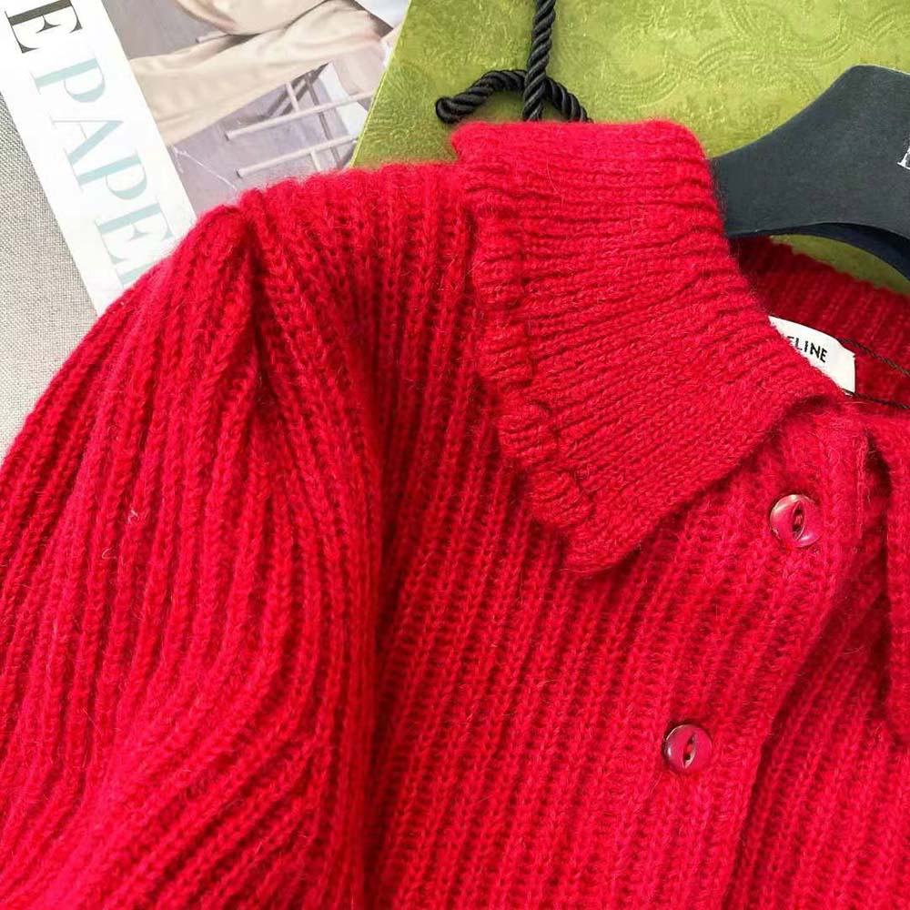 Celine Women Frilled Collar Cardigan in Silk and Mohair-Red - image 8