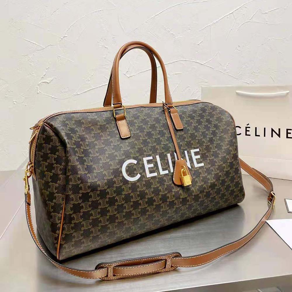 Close-up detail of Celine print and gold-tone closure on large Voyage Bag