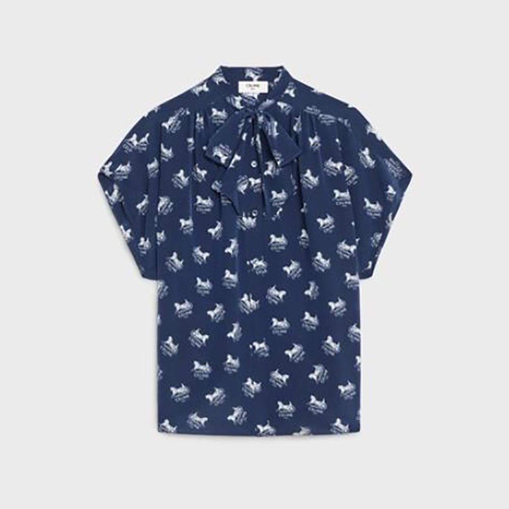 Front view of Celine Women Lavalliere Blouse in Crepe DE Chine blue fabric