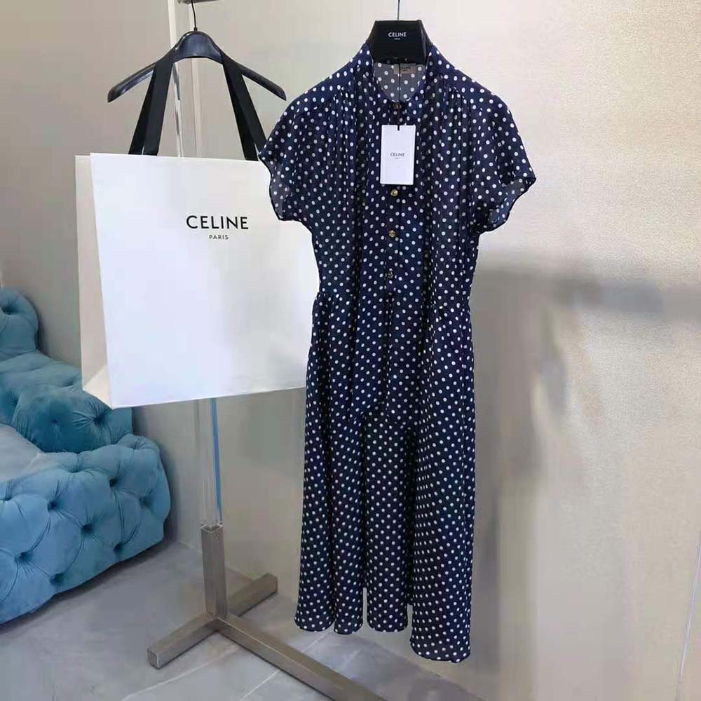 Celine Women Lavalliere Dress in Crepe DE Chine-Navy - image 4