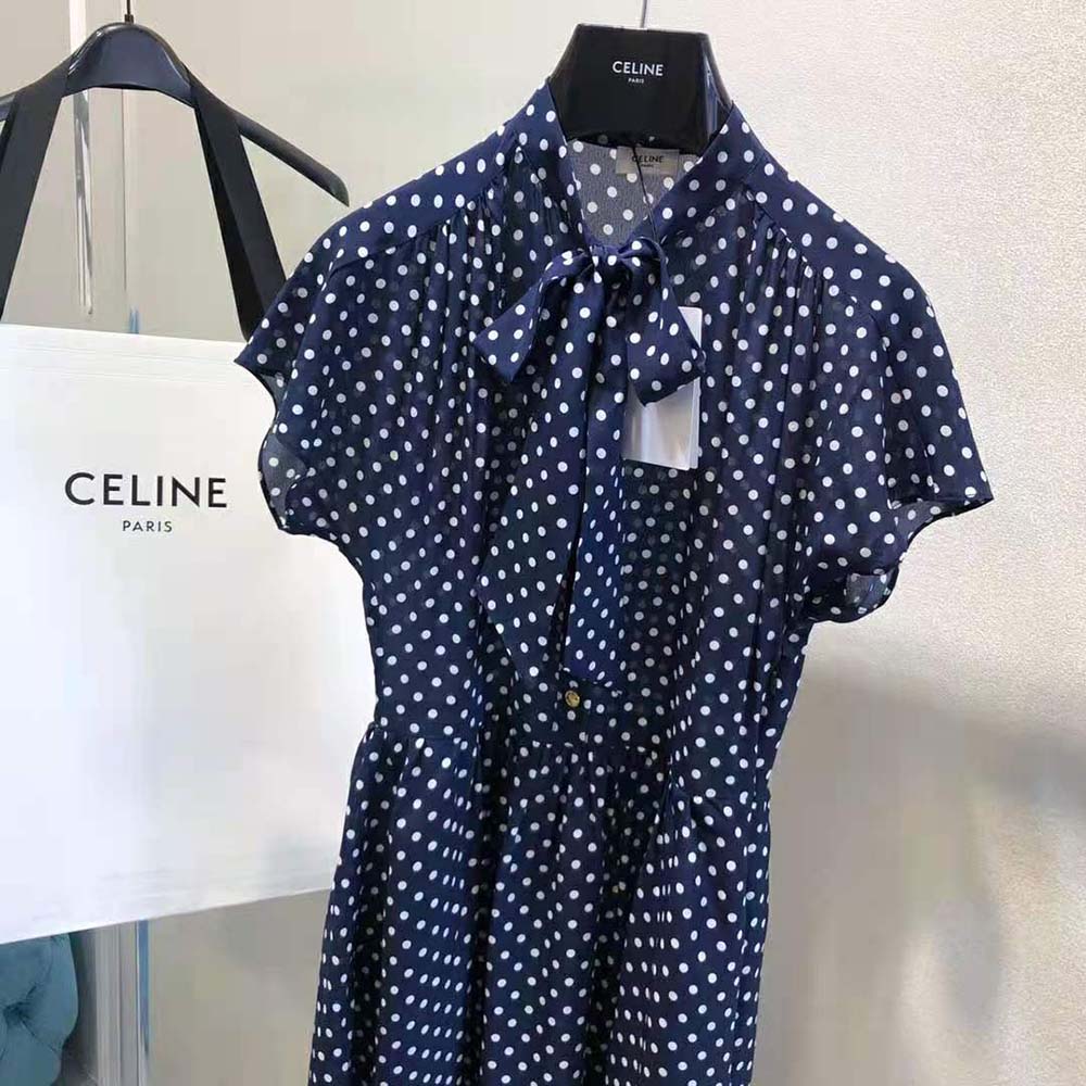 Celine Women Lavalliere Dress in Crepe DE Chine-Navy - image 6