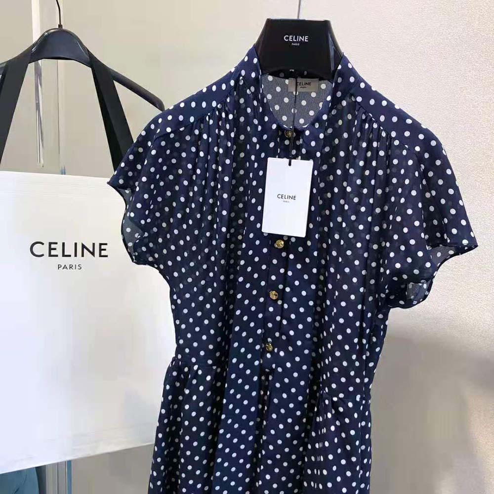 Celine Women Lavalliere Dress in Crepe DE Chine-Navy - image 5