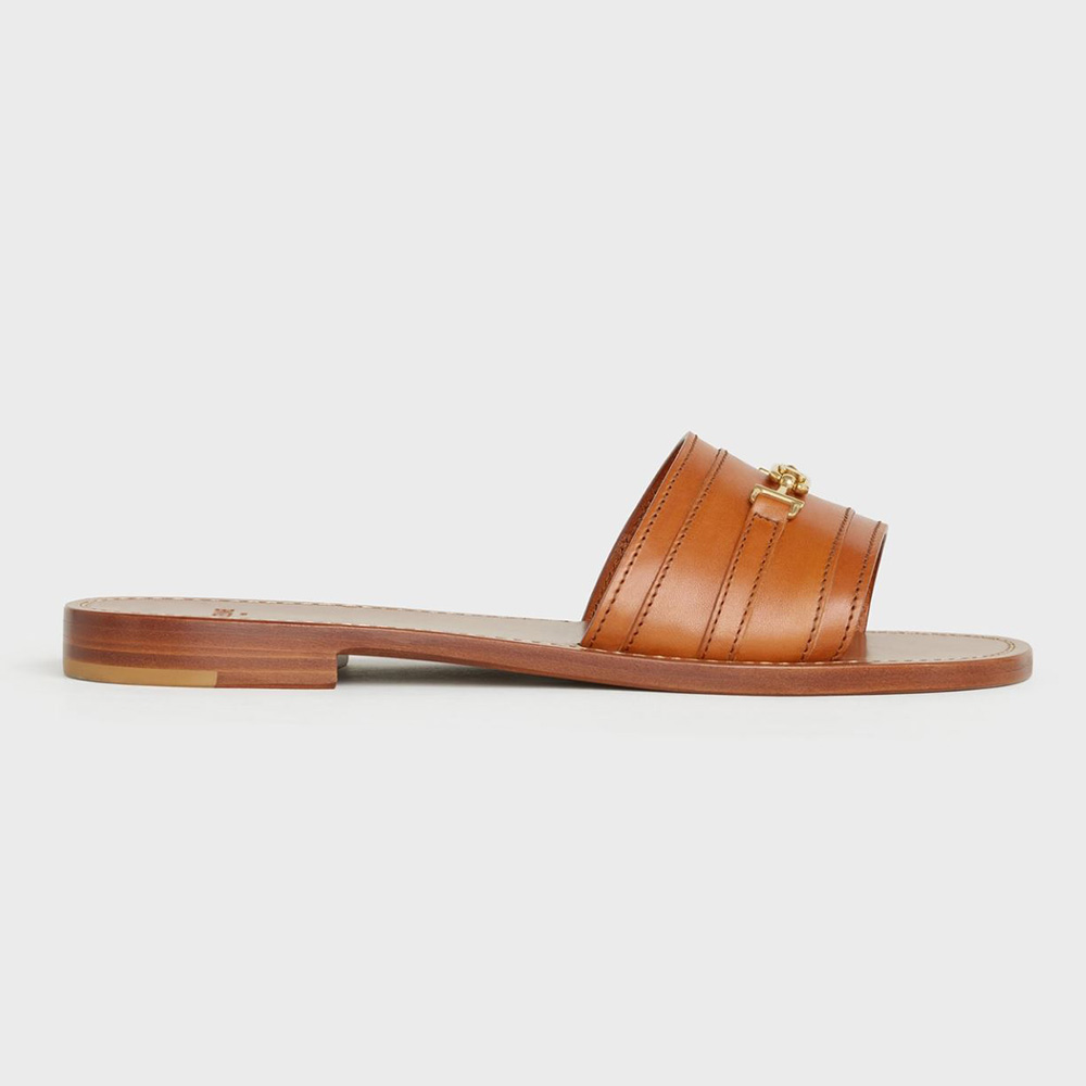 Side view of Celine Women Lerins Triomphe Slide in Brown calfskin