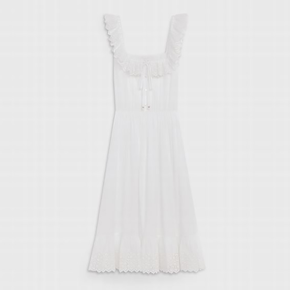 Front view of Celine Women Prairie Dress in Cotton Percale white fabric