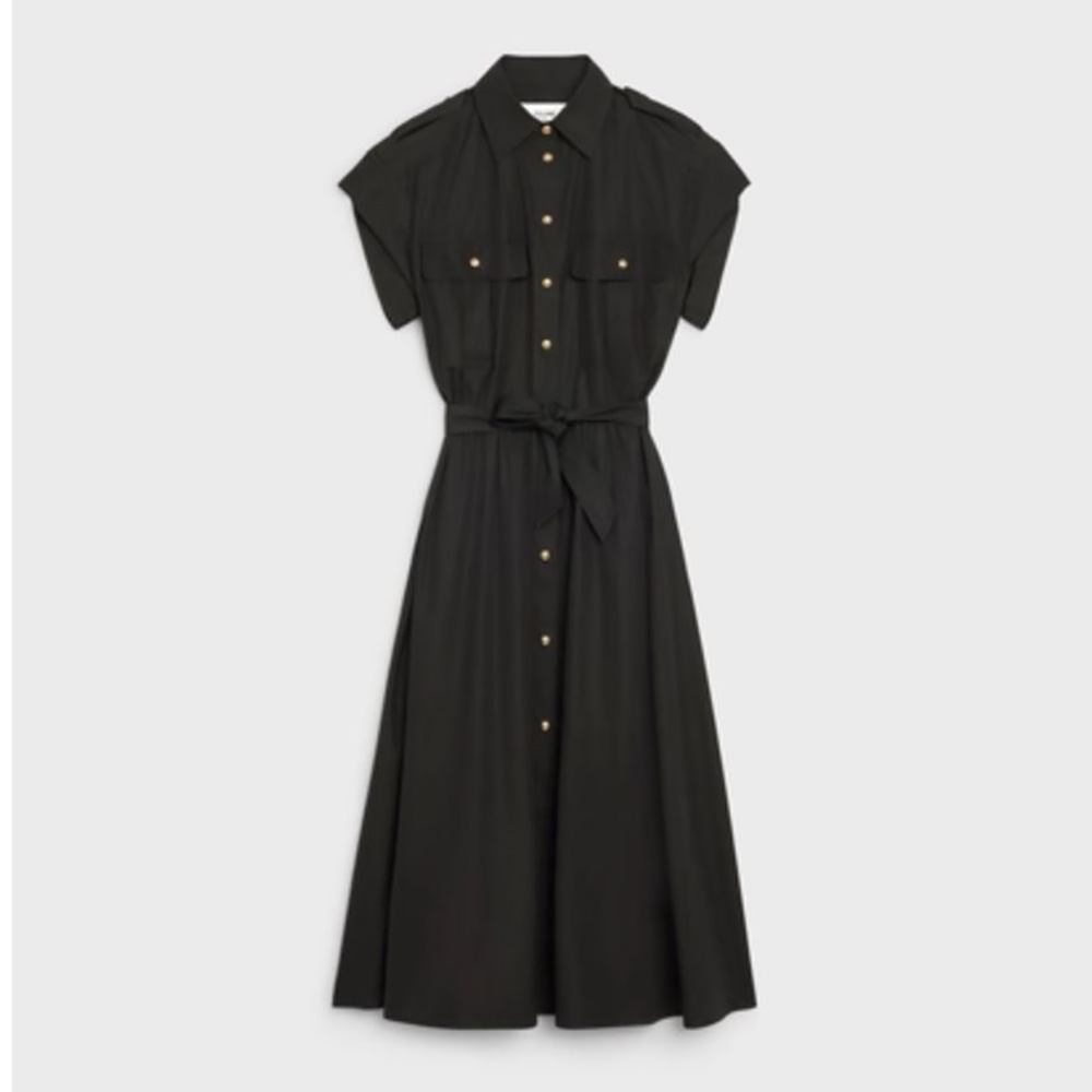 Full front view of Celine Women Safari Dress in Cotton Poplin-Black
