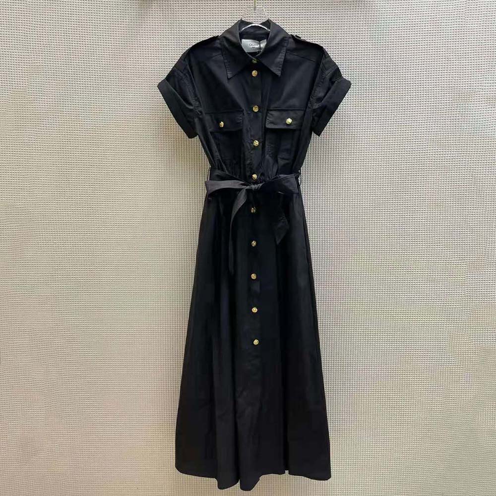 Close-up detail of buttons and belted waist on Celine Women Safari Dress