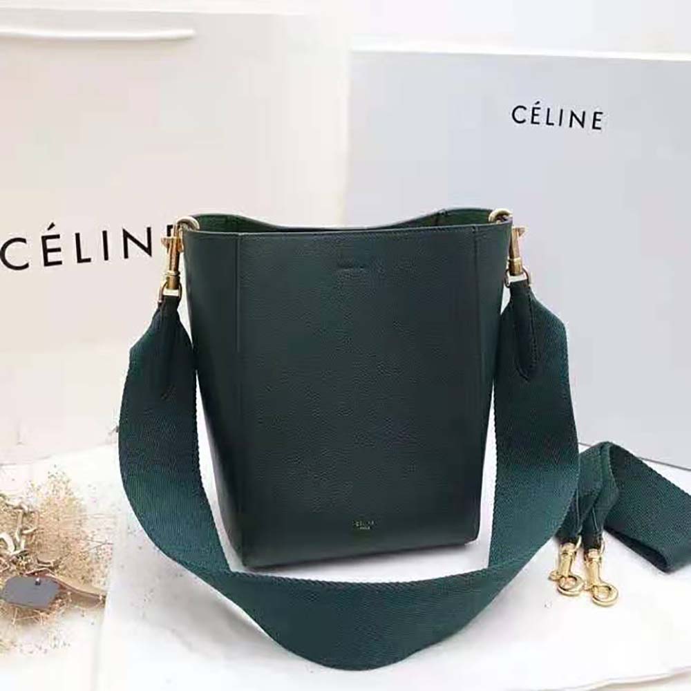 Celine Women Sangle Small Bucket Bag in Soft Grained Calfskin-Green - image 2