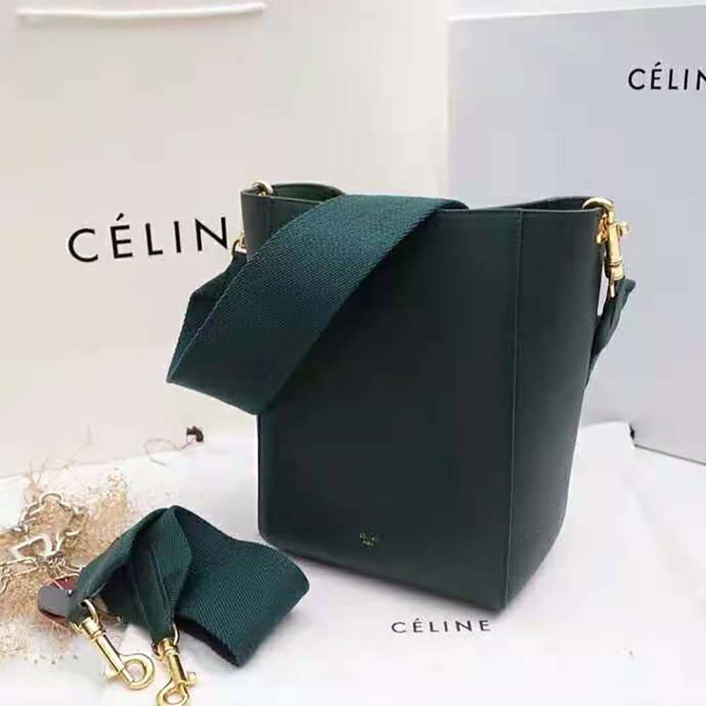 Celine Women Sangle Small Bucket Bag in Soft Grained Calfskin-Green - image 3