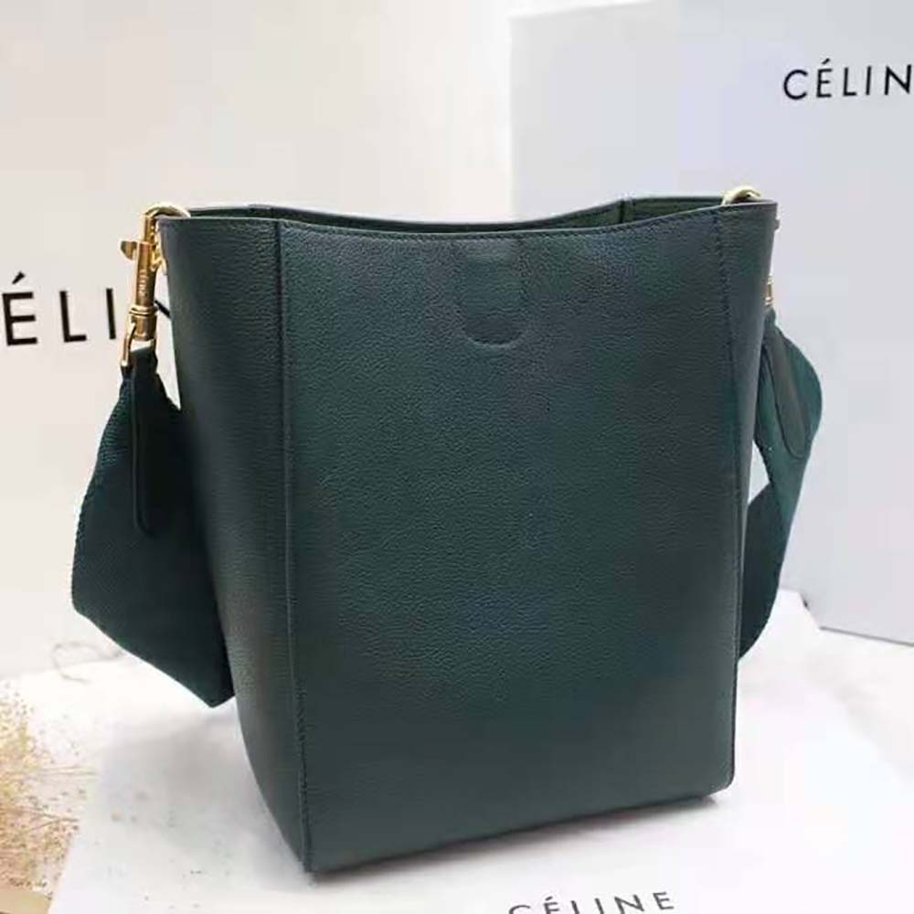 Celine Women Sangle Small Bucket Bag in Soft Grained Calfskin-Green - image 4