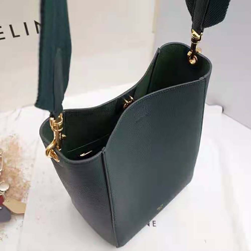 Celine Women Sangle Small Bucket Bag in Soft Grained Calfskin-Green - image 5