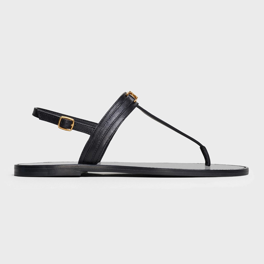Front view of Celine Women Triomphe Thong in Calfskin-Black sandal