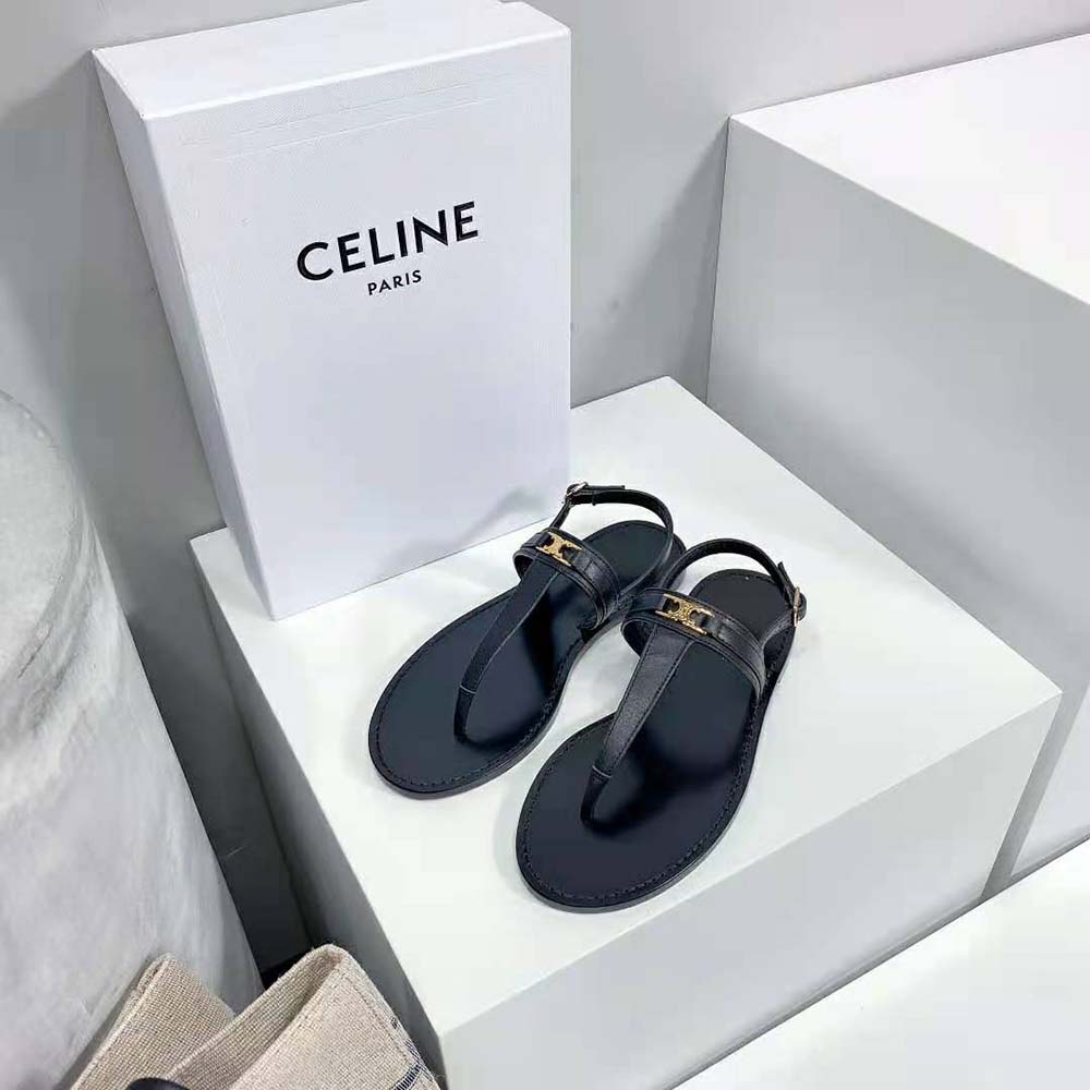 Close-up of gold Triomphe hardware on Celine Women Triomphe Thong sandal