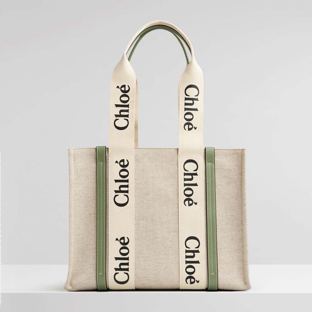 Front view of Chloe Women Medium Woody Tote Bag in Cotton-Green