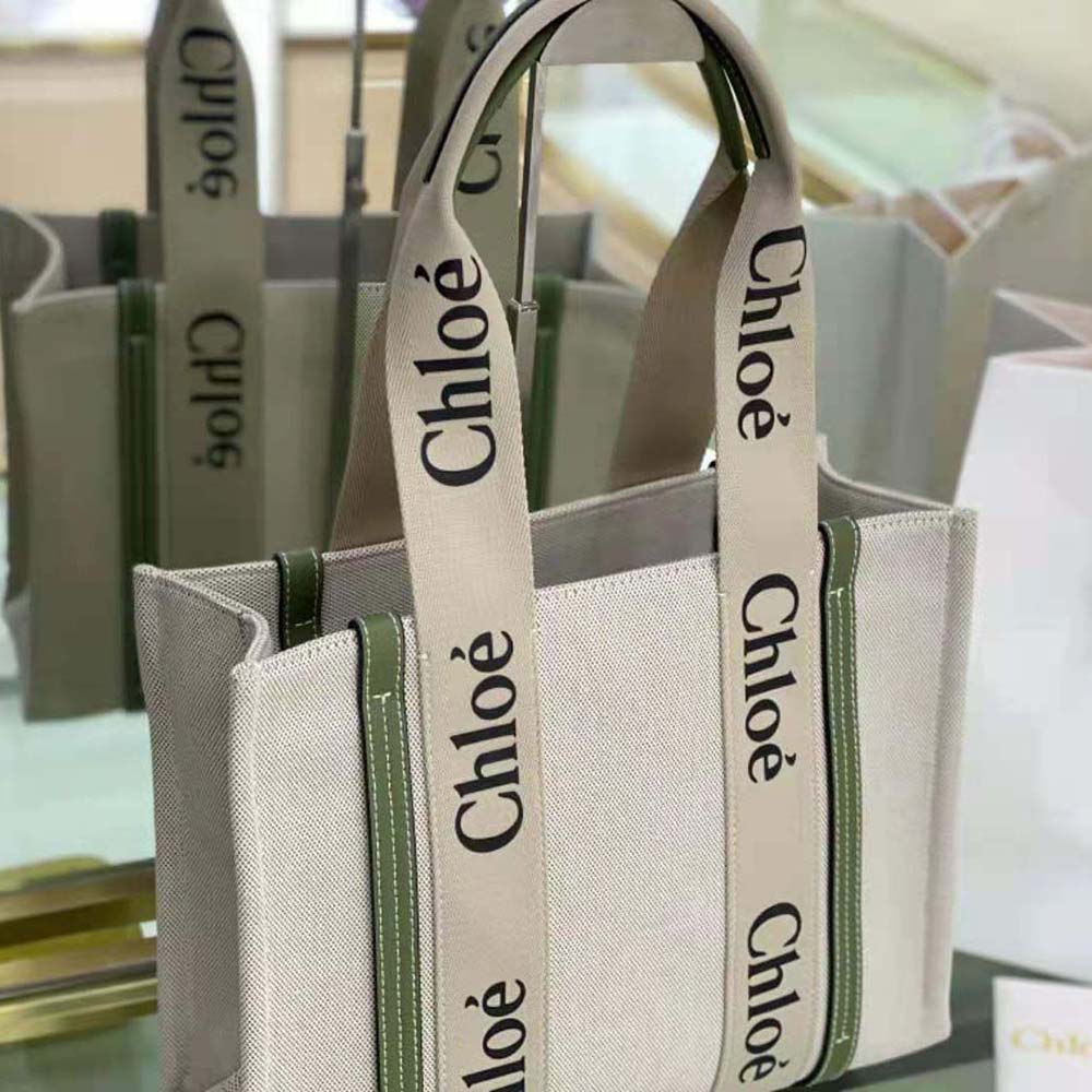 Chloe Women Medium Woody Tote Bag in Cotton-Green - image 4